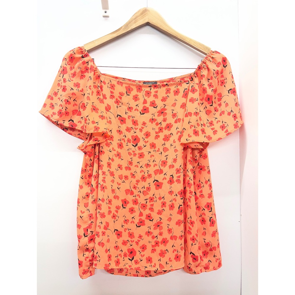 Ann Taylor Factory Orange Red Floral Off The Shoulder Flutter Sleeve Blouse M